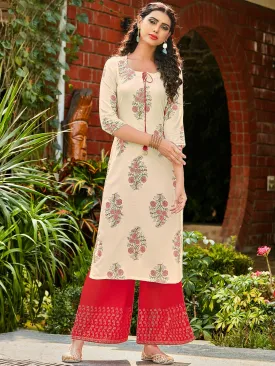 Trendy Women White & Pink Ethnic Print Straight Kurti With Palazzo Pant