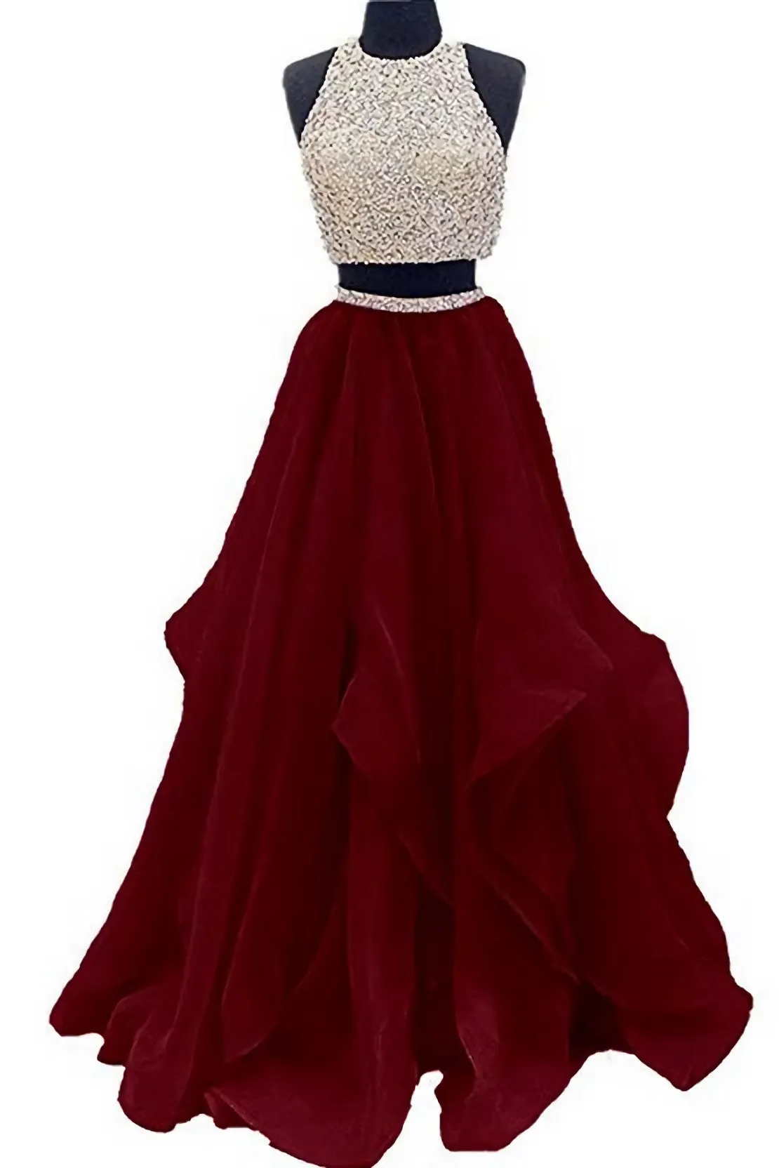 Two Piece High Neck Burgundy Prom Dress Beaded Open Back Evening Gowns