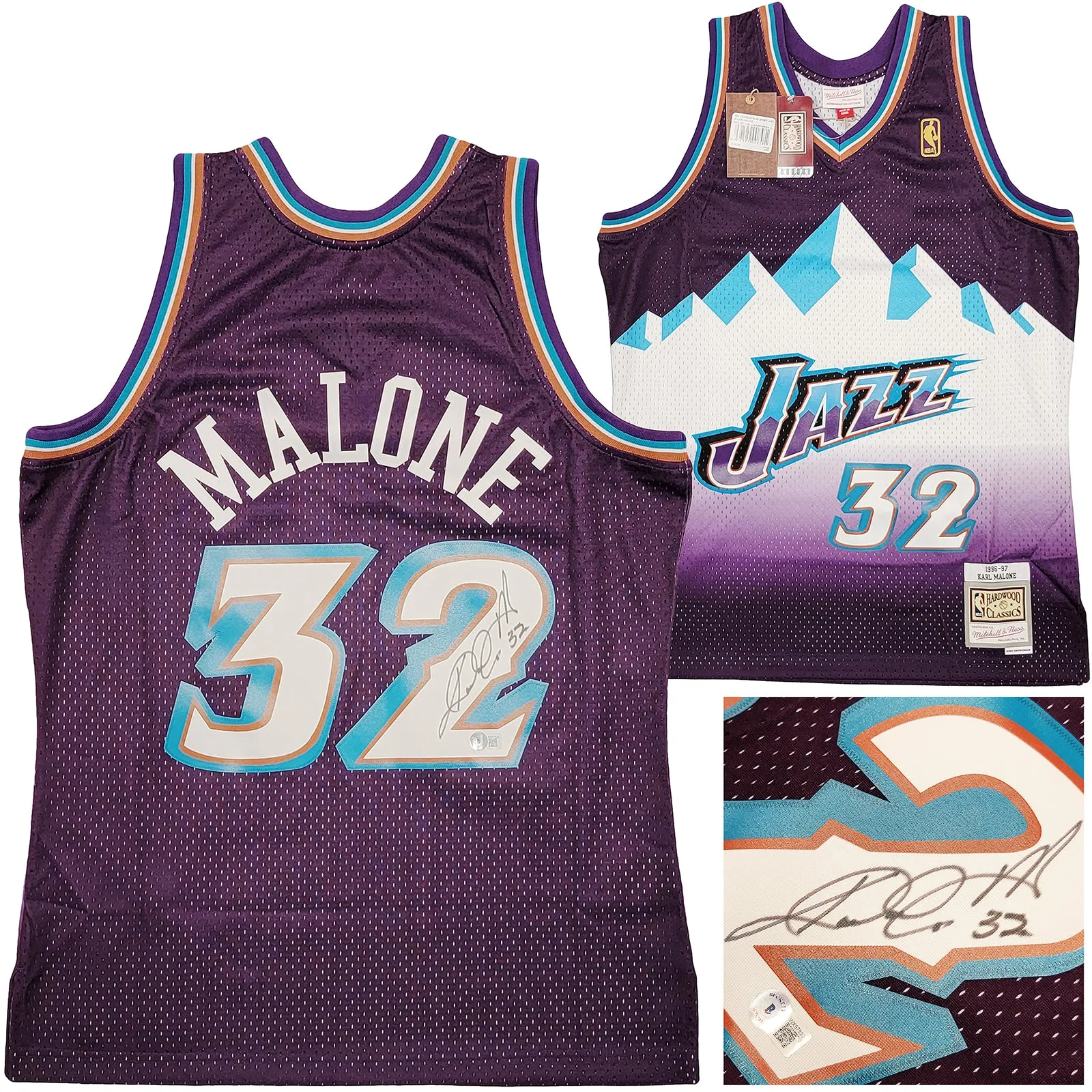 Utah Jazz Karl Malone Autographed Purple & Teal Authentic Mitchell & Ness Jersey Size L Beckett BAS Witness Stock #211884