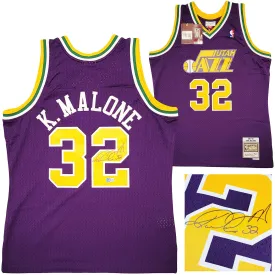 Utah Jazz Karl Malone Autographed Purple Authentic Mitchell & Ness Jersey Size L Beckett BAS Witness Stock #211882