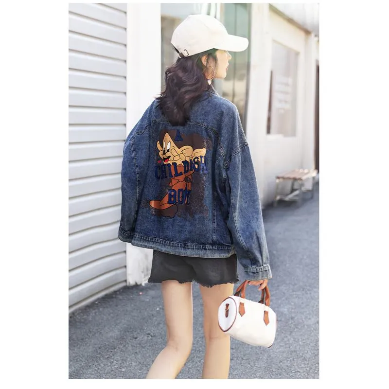 Versatile Casual Worn-Out Look Plus Loose Fit Label Washed Out Denim Jacket