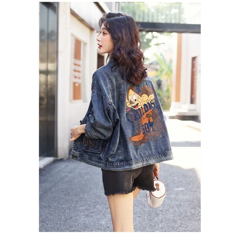 Versatile Casual Worn-Out Look Plus Loose Fit Label Washed Out Denim Jacket