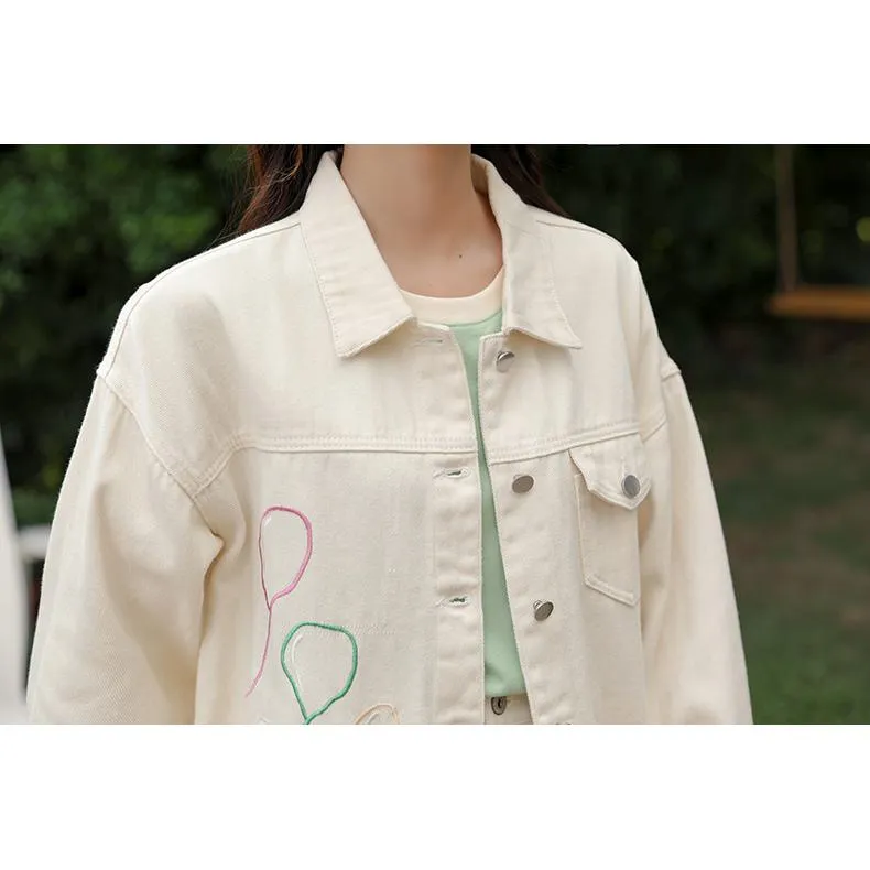 Versatile Retro Lapel Collar Embroidery Loose Fit Denim Jacket