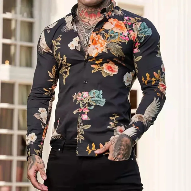 Wiaofellas  -  Men's Shirt Long Sleeve Hawaiian Button Up Cardigan Blouses Turn-down Collar Loos Casual Dress Flower Shirt Homme Plus Size