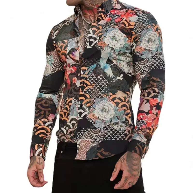 Wiaofellas  -  Men's Shirt Long Sleeve Hawaiian Button Up Cardigan Blouses Turn-down Collar Loos Casual Dress Flower Shirt Homme Plus Size