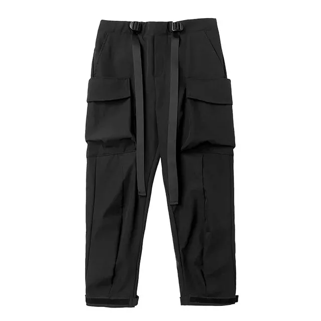 Wiaofellas Unisex Function Double Ribbon Button Waist Trousers Men's Clothes Loose Cubic Pocket Jogger Cargo Pants Beam Hiphop High Street