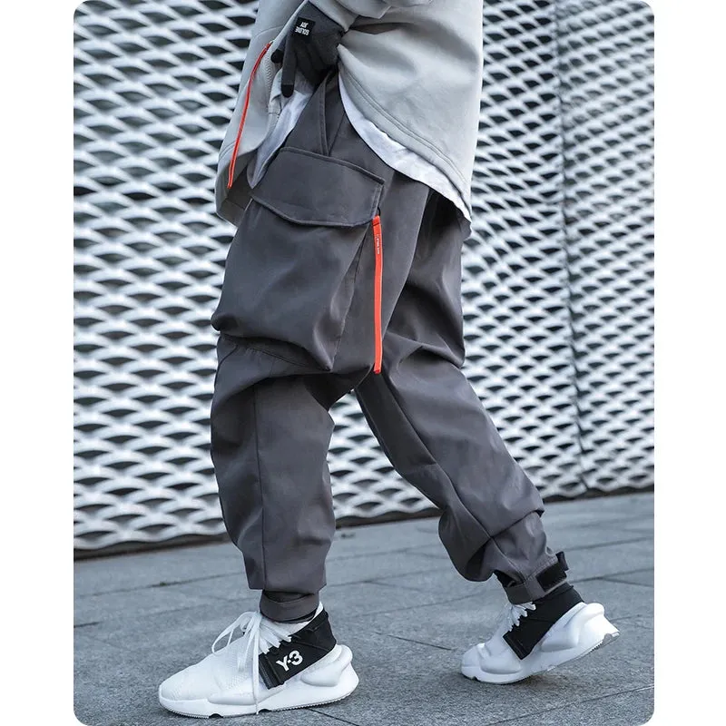 Wiaofellas Unisex Function Double Ribbon Button Waist Trousers Men's Clothes Loose Cubic Pocket Jogger Cargo Pants Beam Hiphop High Street