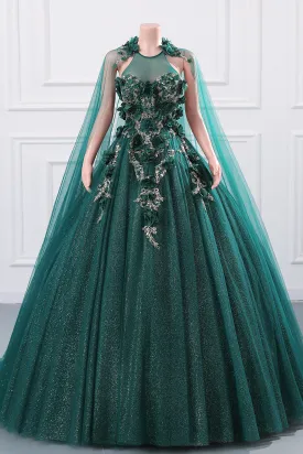 Women's Beaded Applique Tulle Emerald Green Prom Ball Gowns Quinceanera Dress A-Line Wedding Bridesmaid Eveniing Dresses