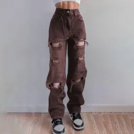 Womens Brown Ripped Distressed Jeans/High Waist Loose Jeans