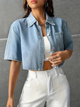 Women's Plain Cropped Drop Shoulder Denim Shirt, Elegant Style With Chest Pocket, Casual Chic Summer Wear