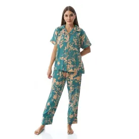 Women's Summer Viscose Classic Elegant Floral Pajamas, Comfortable Sleepwear - Green