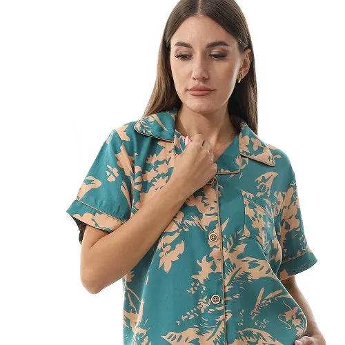 Women's Summer Viscose Classic Elegant Floral Pajamas, Comfortable Sleepwear - Green