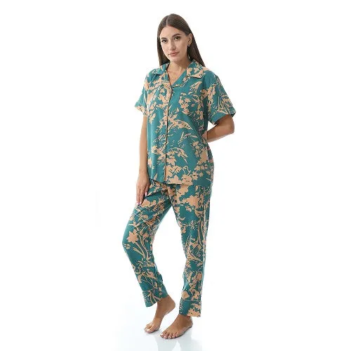 Women's Summer Viscose Classic Elegant Floral Pajamas, Comfortable Sleepwear - Green